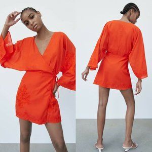 ZARA NWT Short Embroidered Wrap Dress Red